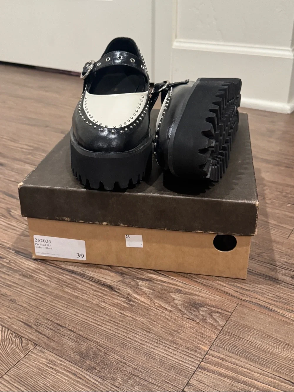 All Black Black and White Mary Jane Platform Loafers with Stud Details